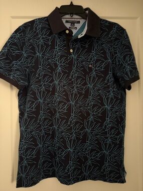Men's Black Polo Shirt with Teal Leaf Print